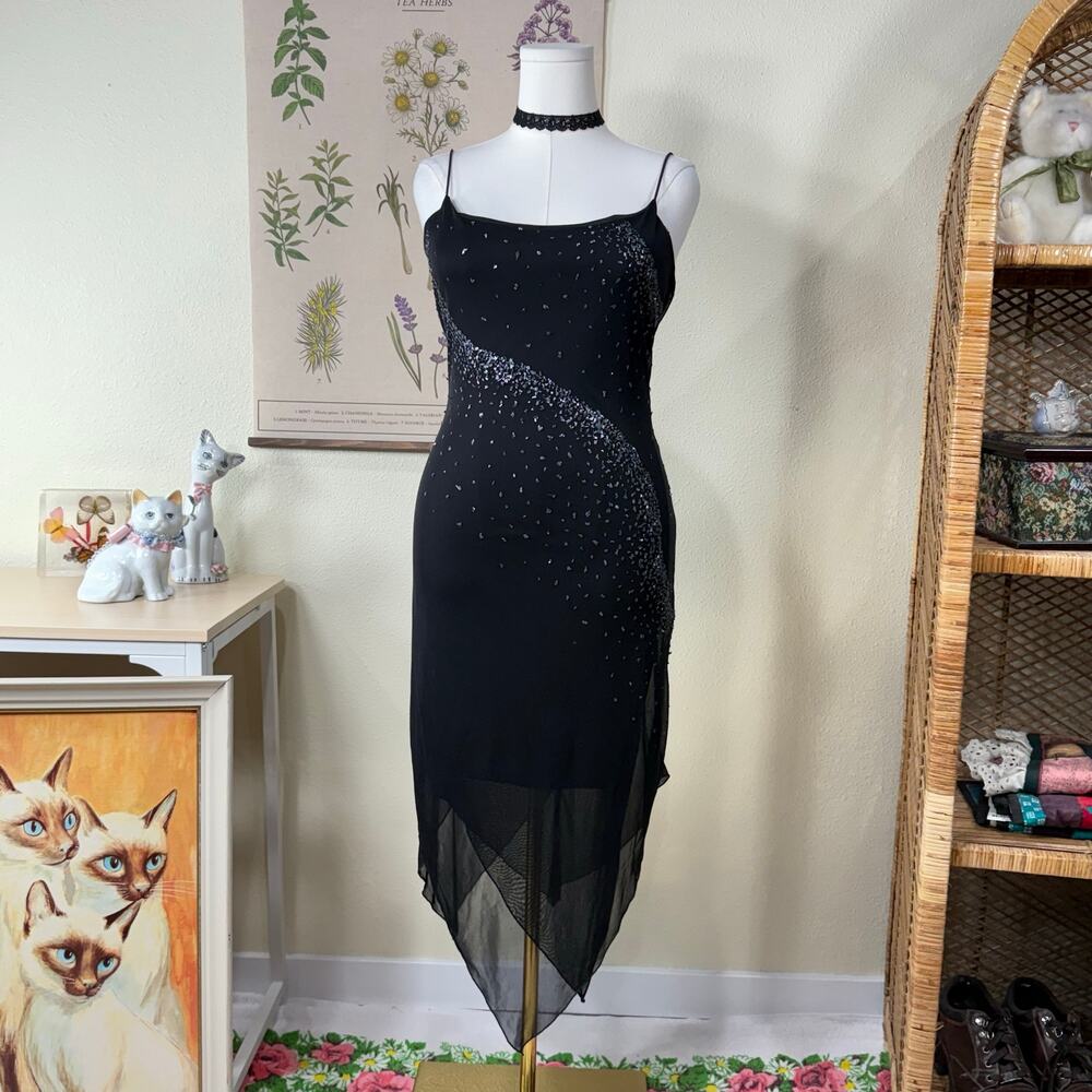 Vtg 90s Y2k Mesh Beaded Asymmetric Dress Dark Fairy Whimsigoth Romantic Goth M L
